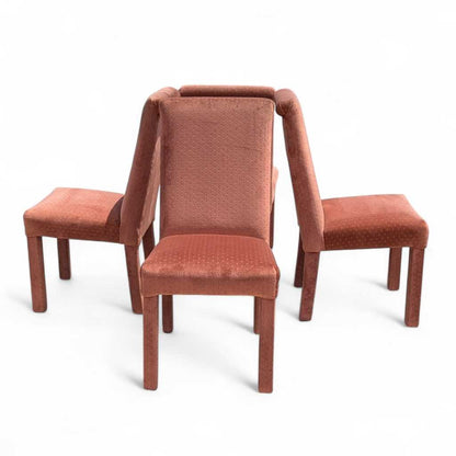 Set of 4 Postmodern Dining Chairs – 1980s Salmon Pink Velvet Upholstery, High Back Chairs, Vintage Modern Design, Sculptural Seating