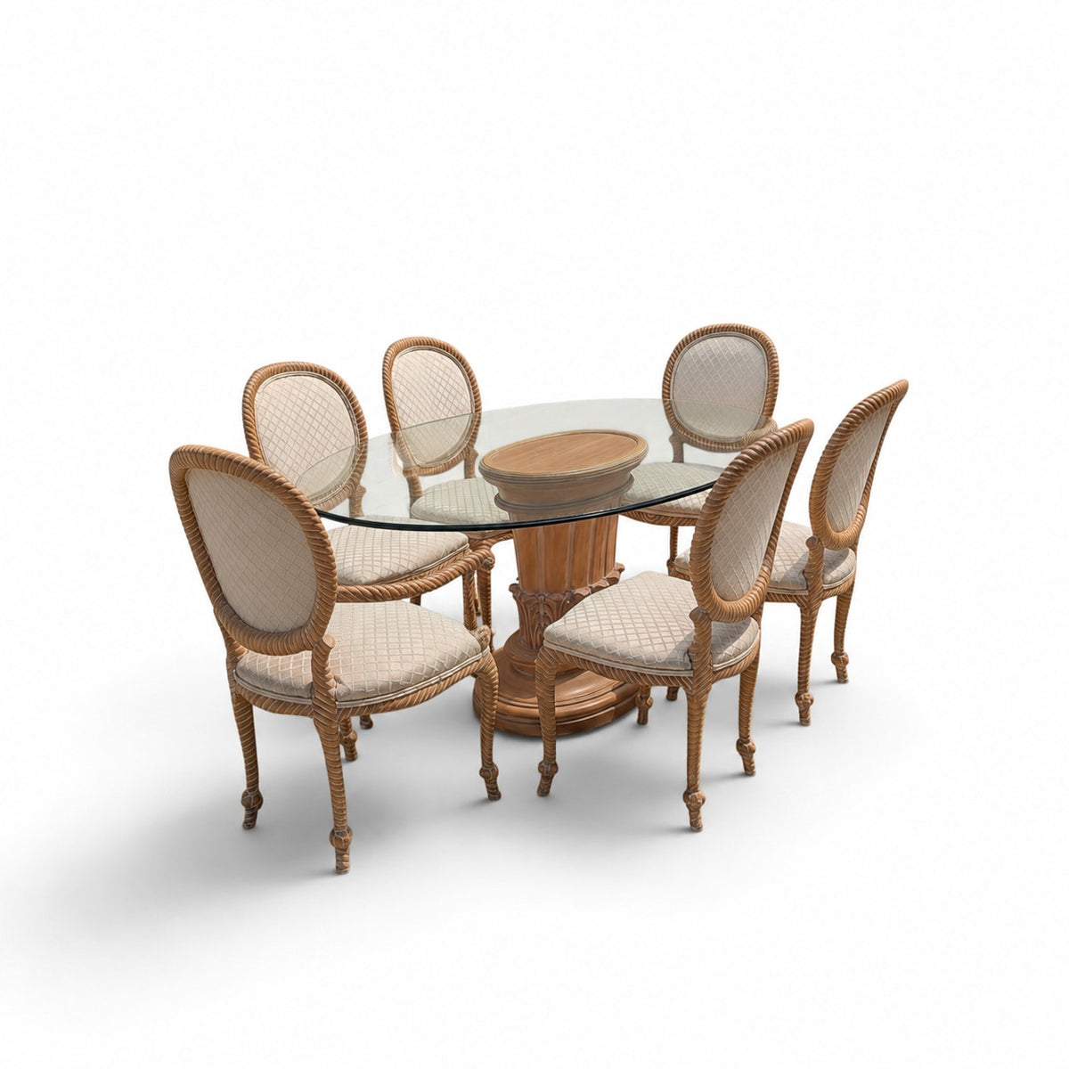 Vintage Carved Wood Oval Glass Dining Set with Six Upholstered Chairs