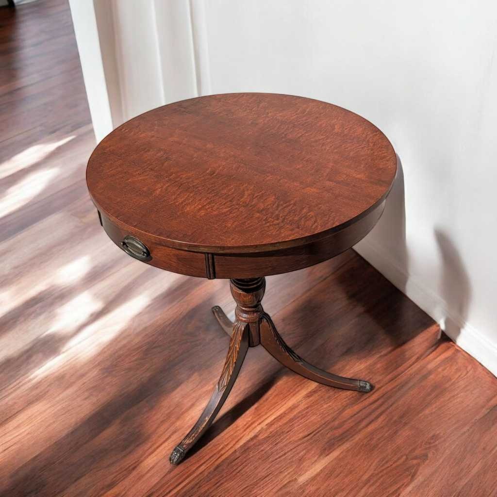 Vintage Mersman Round Wood Pedestal Side Table with Drawer — view 2 of 16