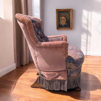 Antique Tufted Rocking Chair – Custom Upholstered Victorian Accent Chair with Fringe Trim & Floral Velvet Fabric