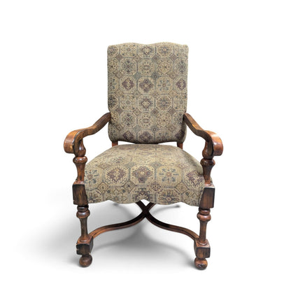 Louis XIII-Style High-Back Wood Armchair with Tapestry Upholstery