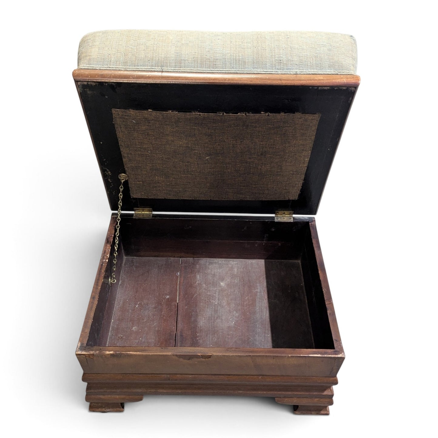 Early-to-Mid 20th Century Upholstered Wood Storage Ottoman with Hinged Lid