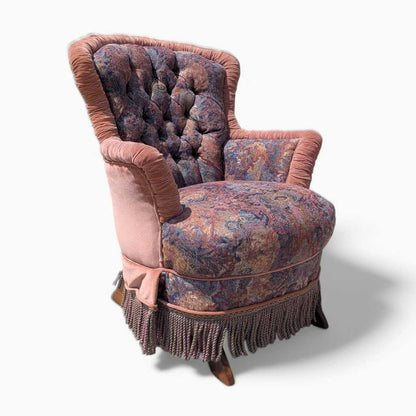 Antique Tufted Rocking Chair – Custom Upholstered Victorian Accent Chair with Fringe Trim & Floral Velvet Fabric