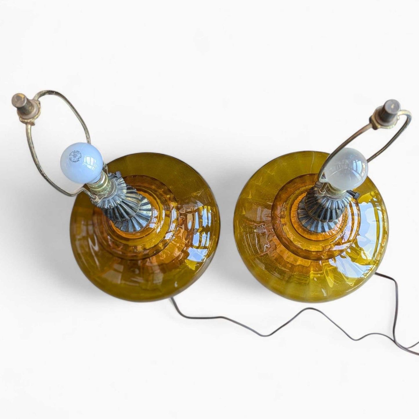 Pair of Vintage Amber Glass Table Lamps with Brass Accents | Hollywood Regency Mid-Century Lighting