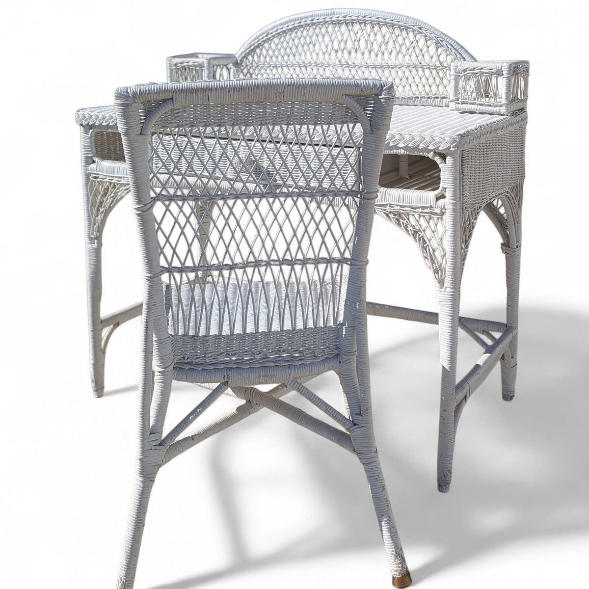 Late 20th-Century White Wicker Writing Desk and Chair Set — view 4 of 16