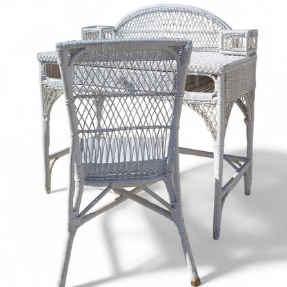 Late 20th-Century White Wicker Writing Desk and Chair Set