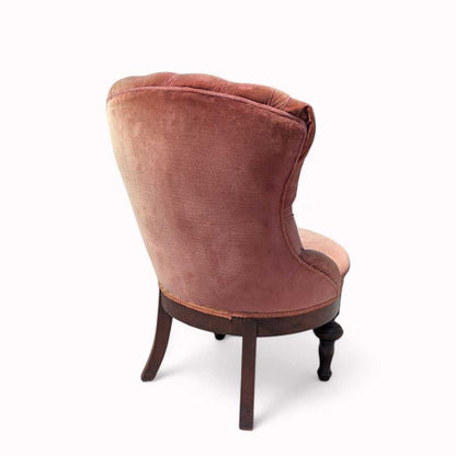 Victorian Style Tufted Slipper Chair – Pink Velvet Upholstery, Carved Wood Base, Antique Accent Chair
