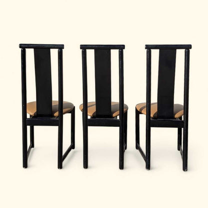 Set of Six BiF Postmodern Black Lacquer Dining Chairs, 1980s