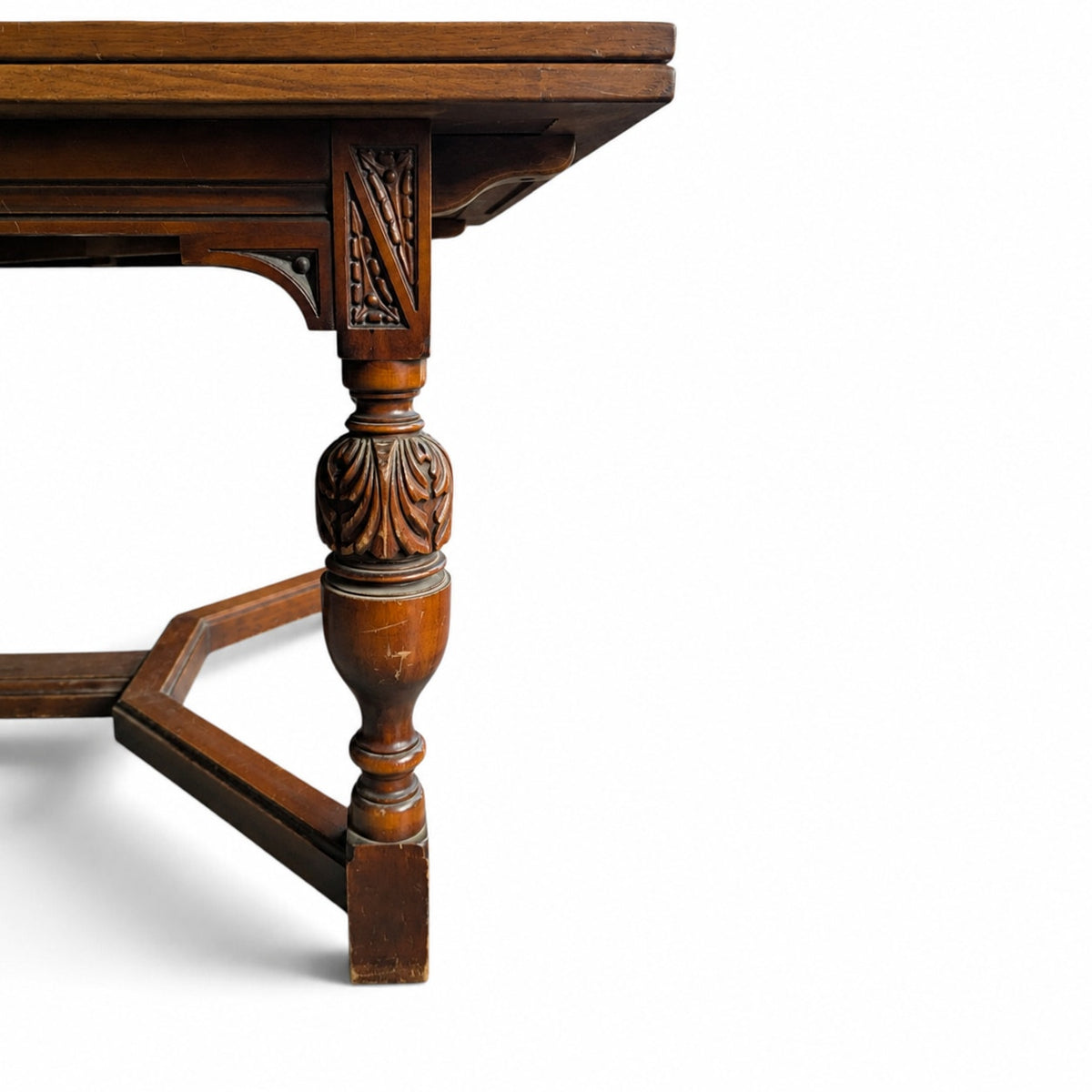 Vintage Walnut Jacobean Revival Refectory Dining Table with Carved Base