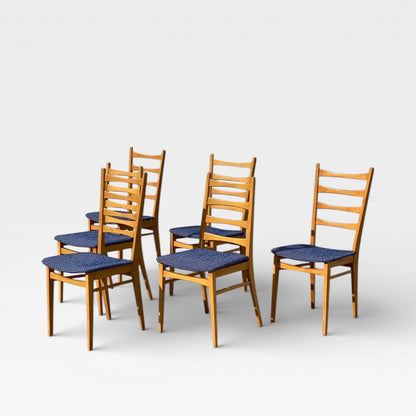 Set of Six Mid-Century Modern Ladderback Dining Chairs with New Upholstery