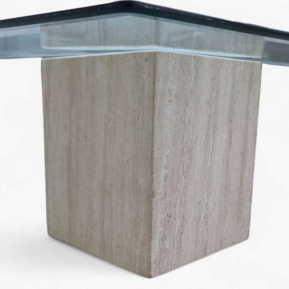 Postmodern Square Glass Coffee Table – Travertine Base, Silver Cross Bars, 1980s Sculptural Minimalist