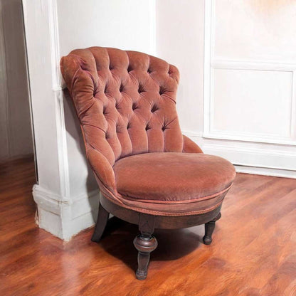 Victorian Style Tufted Slipper Chair – Pink Velvet Upholstery, Carved Wood Base, Antique Accent Chair