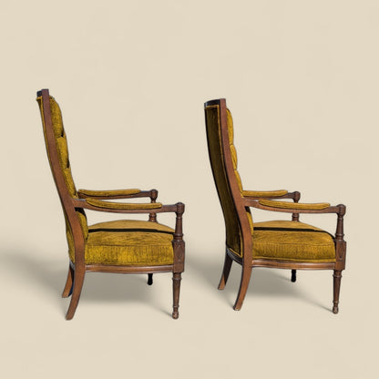 Pair of Vintage High Back Armchairs – Tufted Gold Velvet Regency Chairs, Neoclassical Revival, 1960s Accent Seating