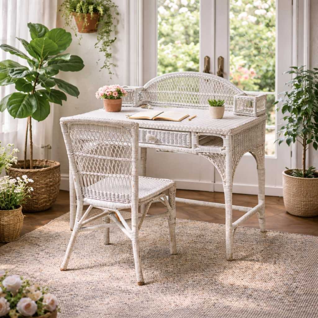 Late 20th-Century White Wicker Writing Desk and Chair Set