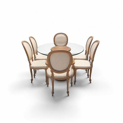 Vintage Carved Wood Oval Glass Dining Set with Six Upholstered Chairs