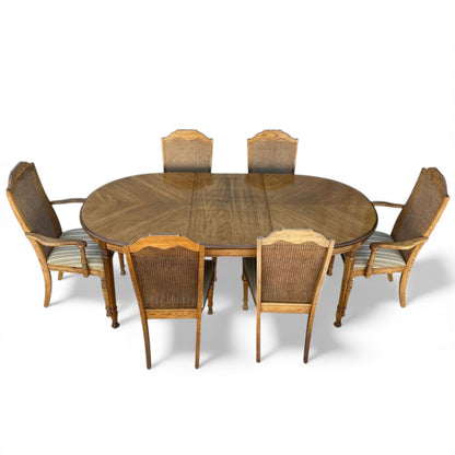 Vintage Oak Oval Extension Dining Table and Six Cane-Back Chairs