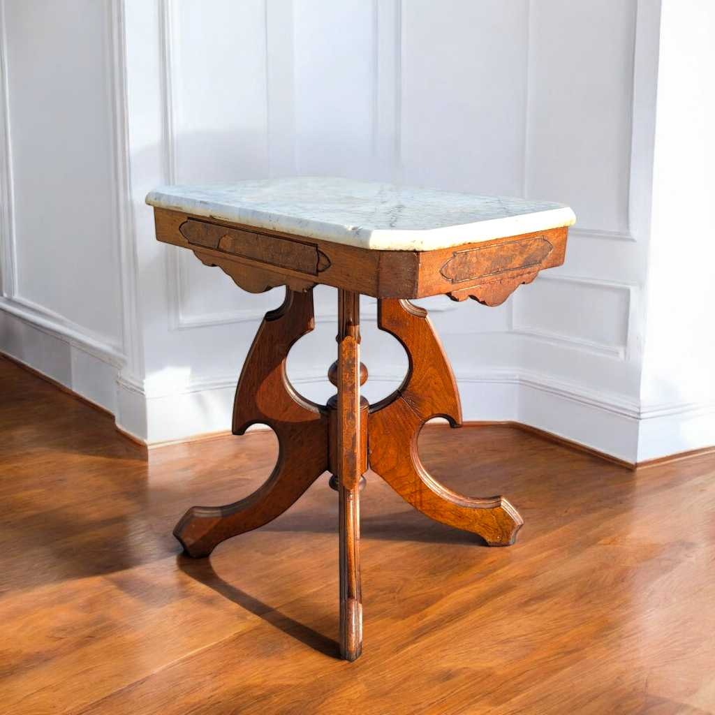 Late-19th-Century Marble-Top Carved Wood Parlor Side Table