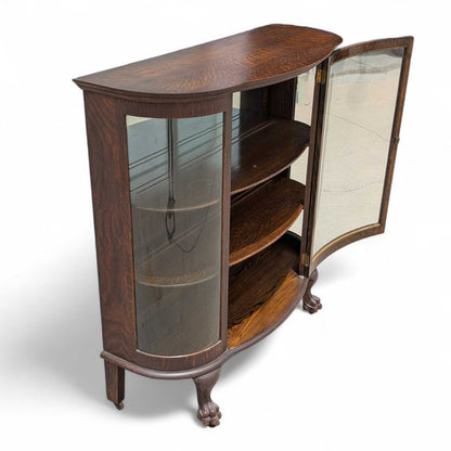 Vintage Curved Glass China Cabinet – Bow Front Display Hutch w/ Claw Feet, 49" Wide, Early 20th Century Style