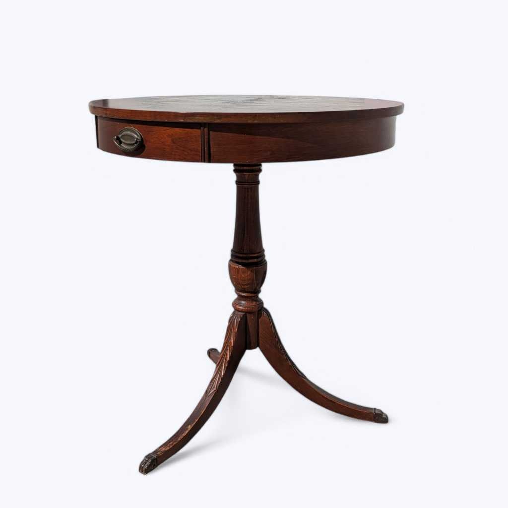Vintage Mersman Round Wood Pedestal Side Table with Drawer