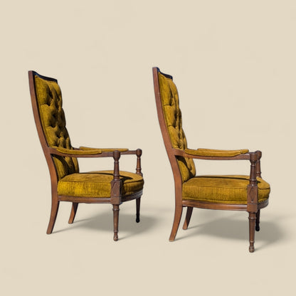 Pair of Vintage High Back Armchairs – Tufted Gold Velvet Regency Chairs, Neoclassical Revival, 1960s Accent Seating