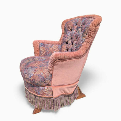 Antique Tufted Rocking Chair – Custom Upholstered Victorian Accent Chair with Fringe Trim & Floral Velvet Fabric