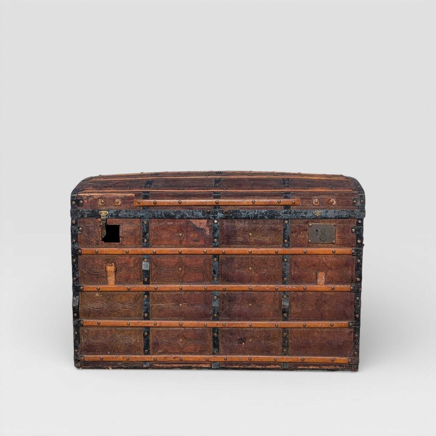 Antique Dome-Top Wooden Trunk with Original Iron Hardware and Patina, Late 19th Century