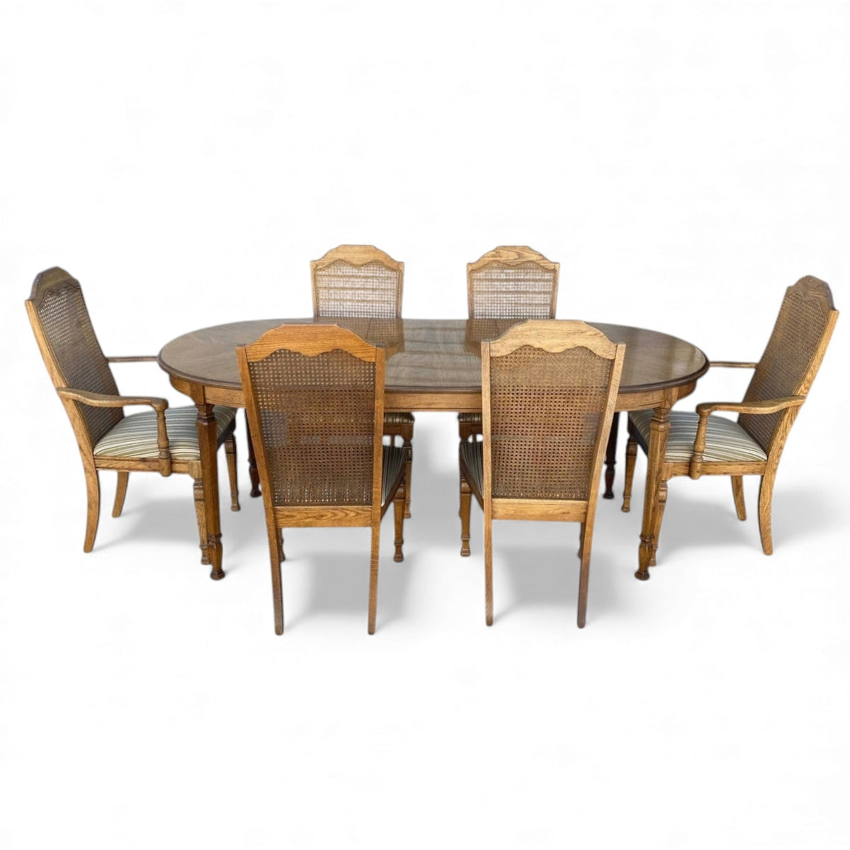Vintage Oak Oval Extension Dining Table and Six Cane-Back Chairs