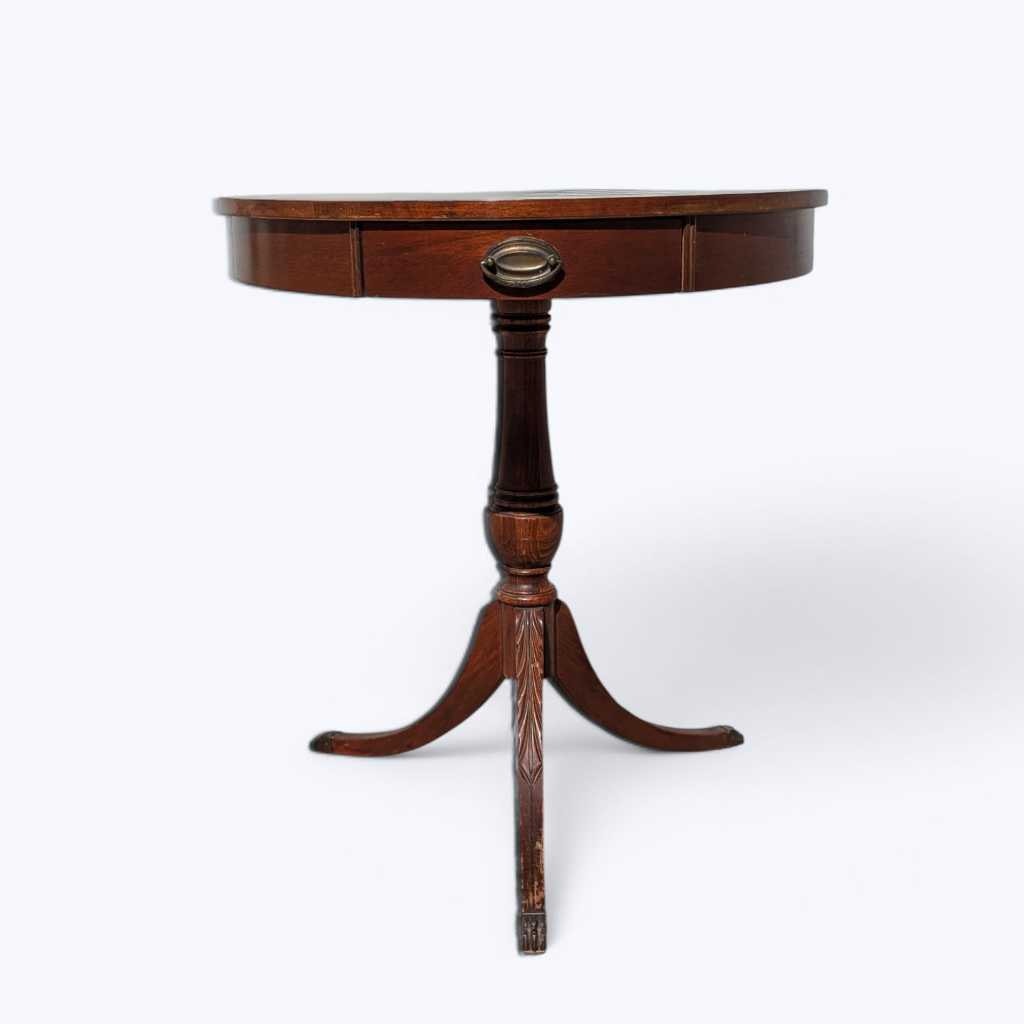 Vintage Mersman Round Wood Pedestal Side Table with Drawer
