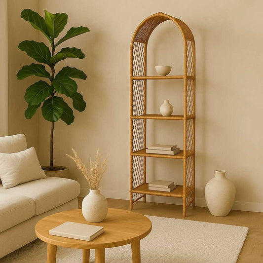 Vintage Arched Rattan Shelf – Tall Boho Etagere