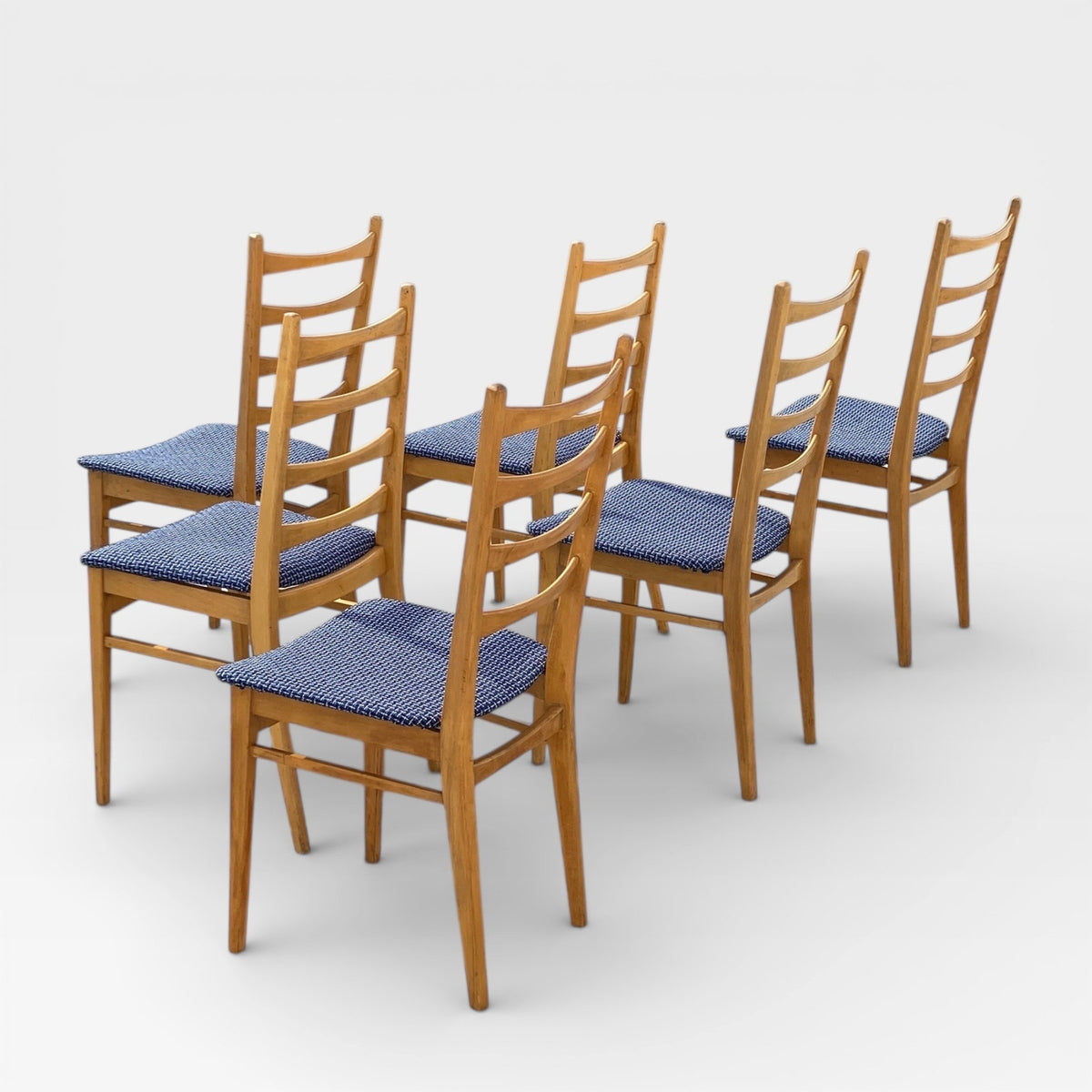 Set of Six Mid-Century Modern Ladderback Dining Chairs with New Upholstery