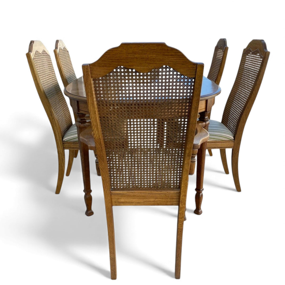 Vintage Oak Oval Extension Dining Table and Six Cane-Back Chairs