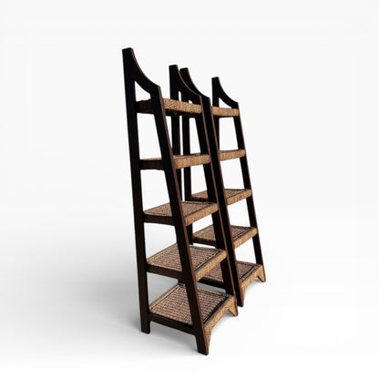 Pair of Sculptural Wooden Étagère Shelves with Woven Rush Shelves, Mid-20th Century