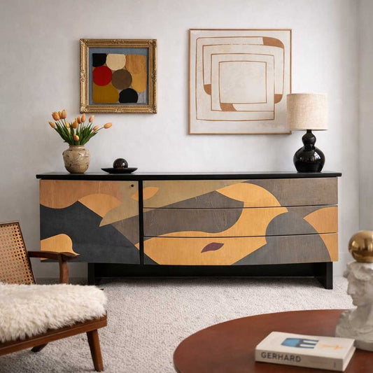 Italian Postmodern Sideboard by Carlo Malnati • Sculptural Curved Cabinet with Inlaid Wood Marquetry Fronts