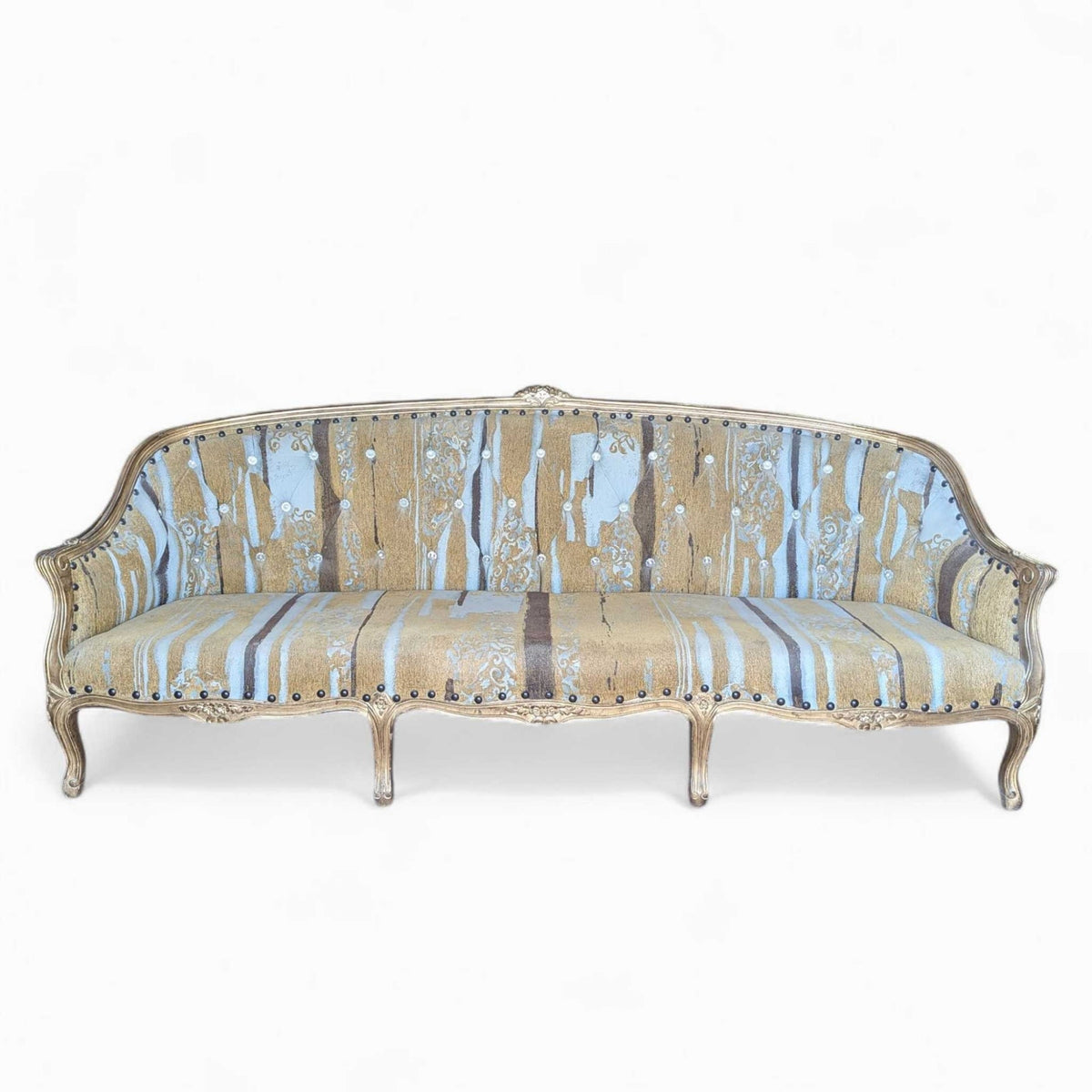Early 20th Century French-Style Carved Wood Sofa with Striped Upholstery