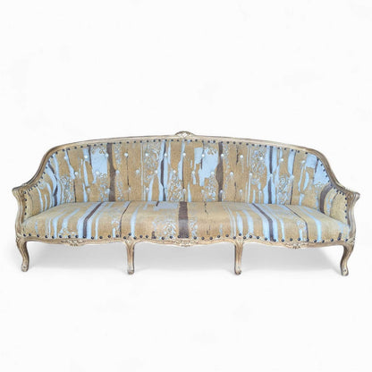 Early 20th Century French-Style Carved Wood Sofa with Striped Upholstery
