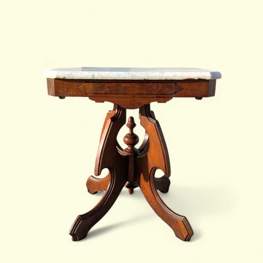 Late-19th-Century Marble-Top Carved Wood Parlor Side Table — view 9 of 16