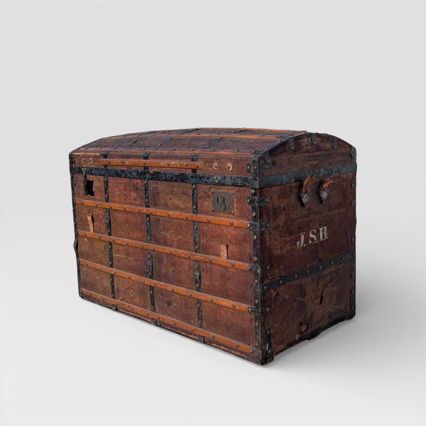 Antique Dome-Top Wooden Trunk with Original Iron Hardware and Patina, Late 19th Century