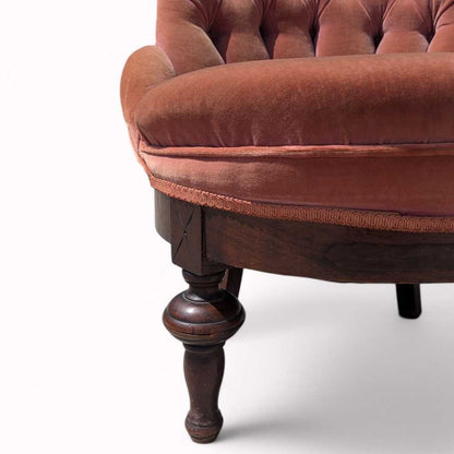 Victorian Style Tufted Slipper Chair – Pink Velvet Upholstery, Carved Wood Base, Antique Accent Chair