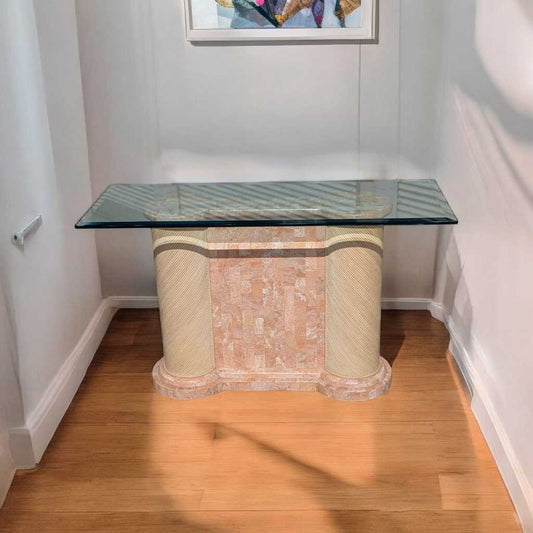 Postmodern Entryway Glass Console Table, Unique Tesselated Marble Base, Elegant Accent Table, c. 1980s