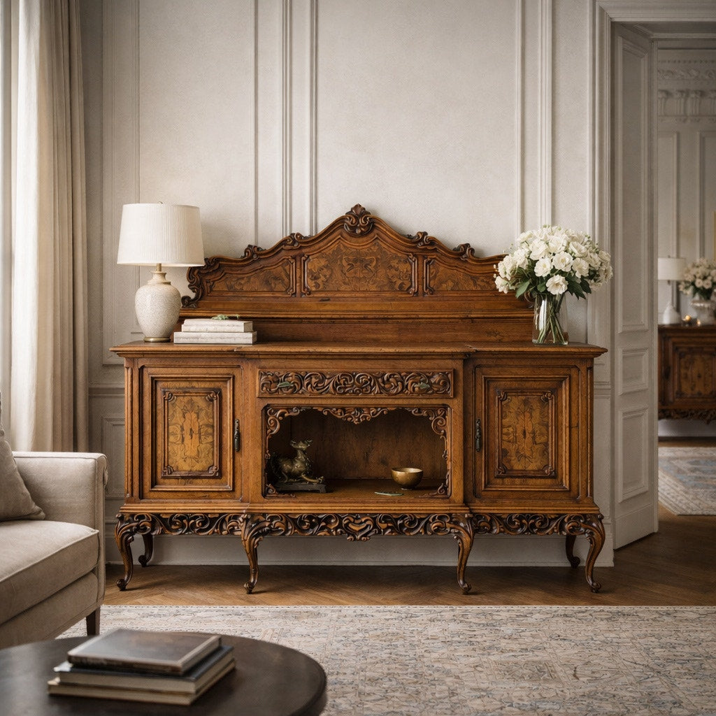 Continental Walnut Carved Sideboard Cabinet with Sculptural Apron