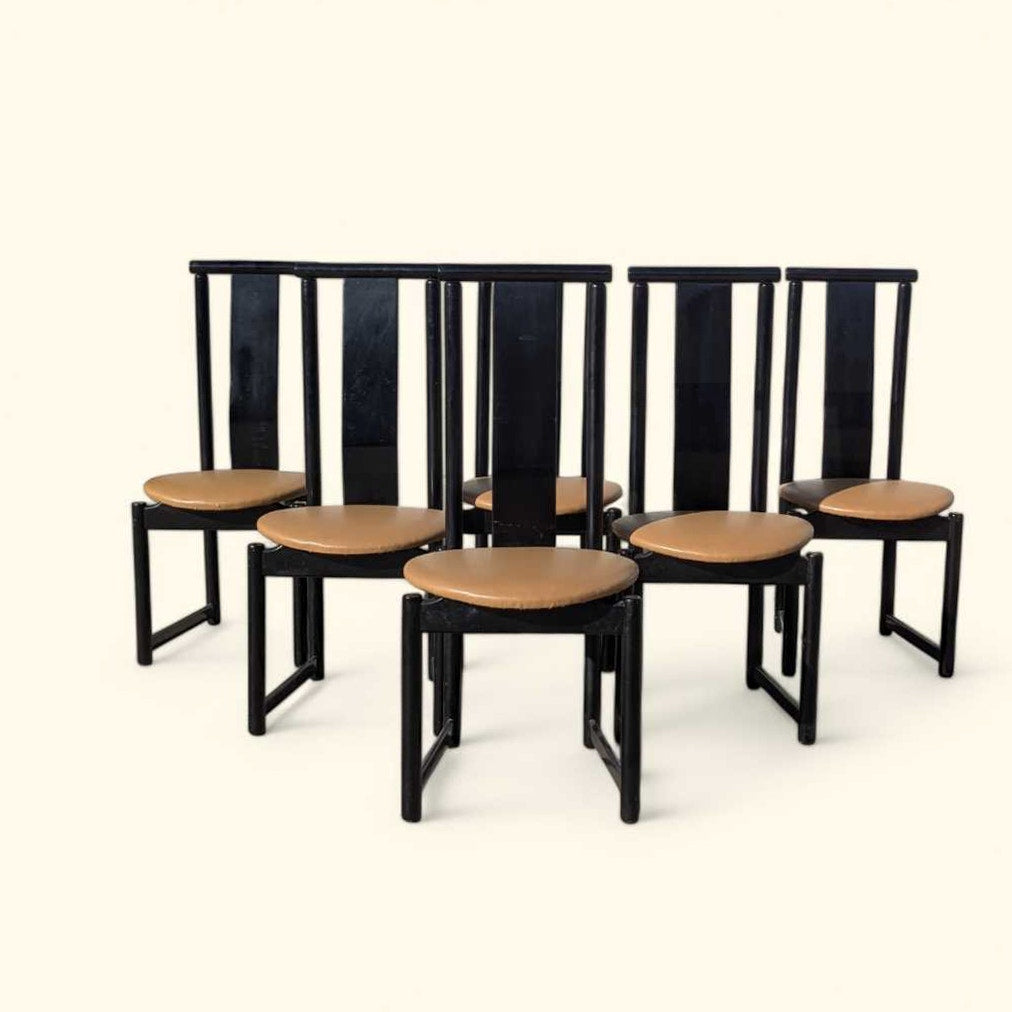 Set of Six BiF Postmodern Black Lacquer Dining Chairs, 1980s