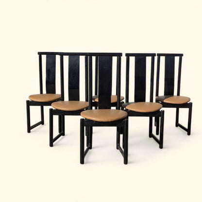 Set of Six BiF Postmodern Black Lacquer Dining Chairs, 1980s