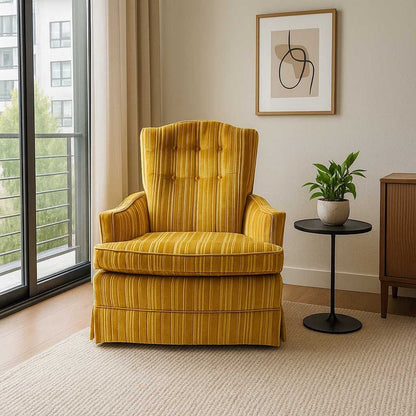 Vintage Key City Lounge Chair in Golden Striped Velour – Mid Century Accent Chair, Retro Skirted Chair, Professionally Cleaned