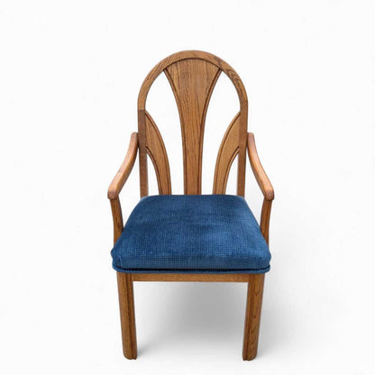 Set of 6 Postmodern Dining Chairs – Oak Frame, Blue Velvet Polka Dot Seats, 1980s