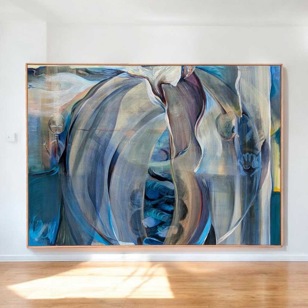 Large Abstract Painting 'Africa,' Signed and Dated 1988, Blue Framed Canvas