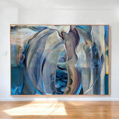 Large Abstract Painting 'Africa,' Signed and Dated 1988, Blue Framed Canvas