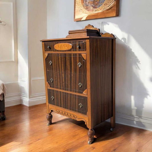 Antique Art Deco Highboy Dresser – Burled Wood and Mahogany Chest with Brass Hardware, 1930s Vintage