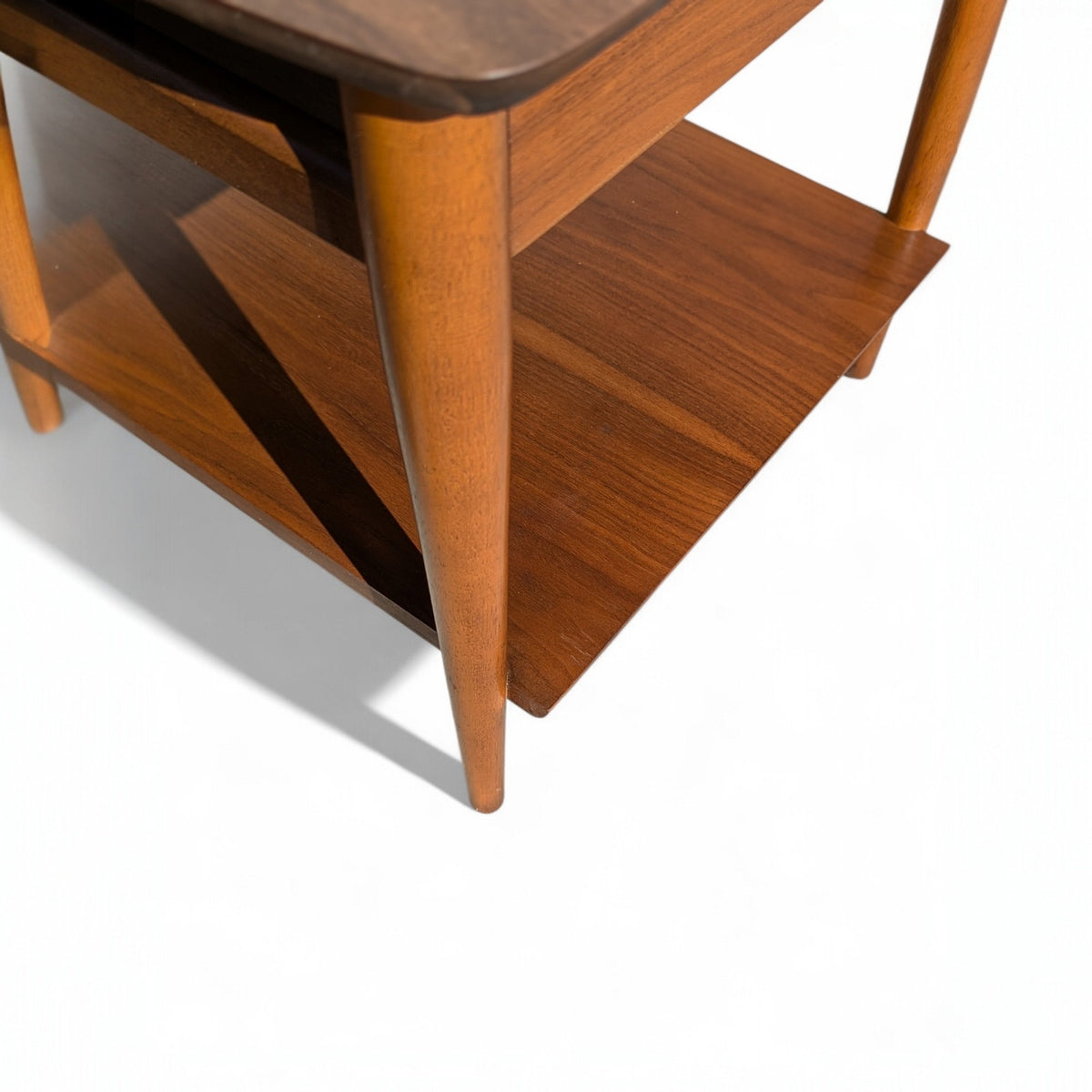 Pair of 1960s Lane Walnut Nightstands with Drawers and Lower Shelves
