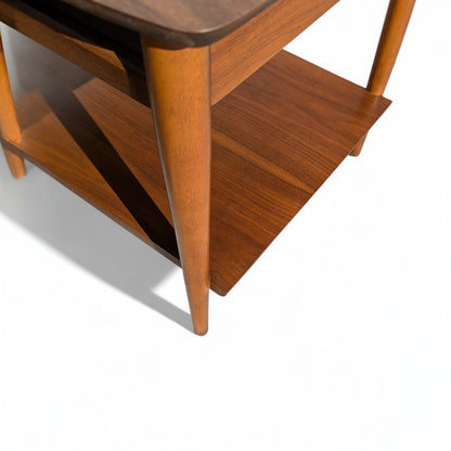Pair of 1960s Lane Walnut Nightstands with Drawers and Lower Shelves