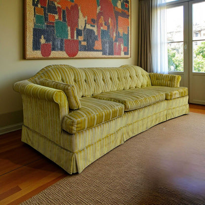 Vintage 96” Tufted Striped Sofa – Mid Century Curved Back Couch, Cleaned + New Foam Included, Unique Hollywood Regency Style